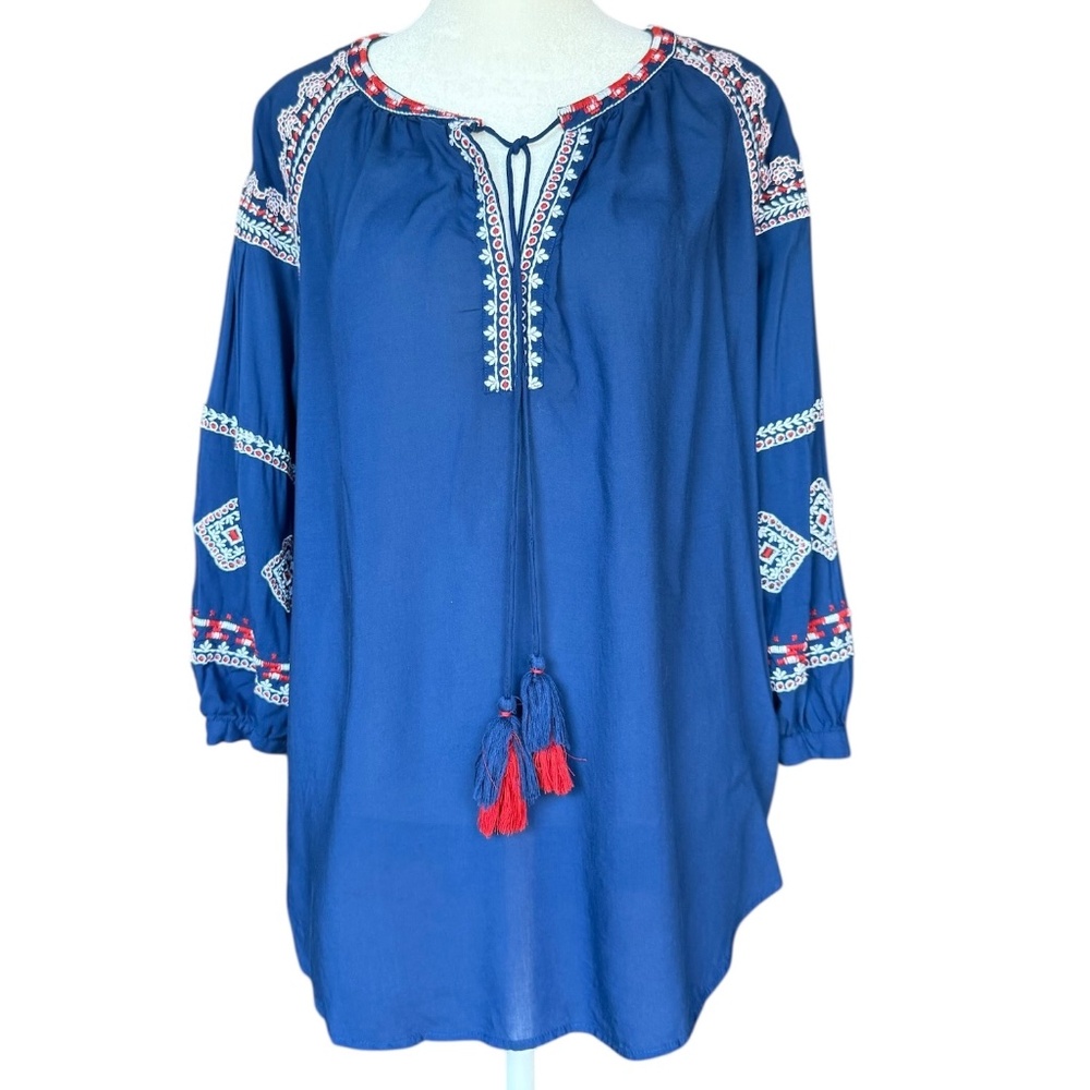 Loft Blue Embroidered Tassel Tie Front Blouse Sz S‎
